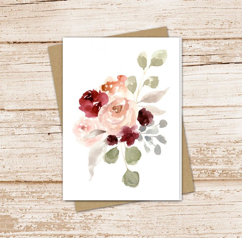 bohemian flowers card set .  watercolor bouquet note cards . burgundy pink floral blank notecards . folded stationery . thank you stationary