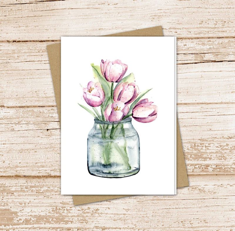 country tulip vase card set . watercolor lavender tulips . mason jar note cards . farmhouse blank cards notecards . folded stationery set