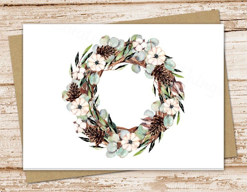 country wreath card set . watercolor . flowers cotton eucalyptus pine cones . blank cards . note cards, notecard . folded stationery