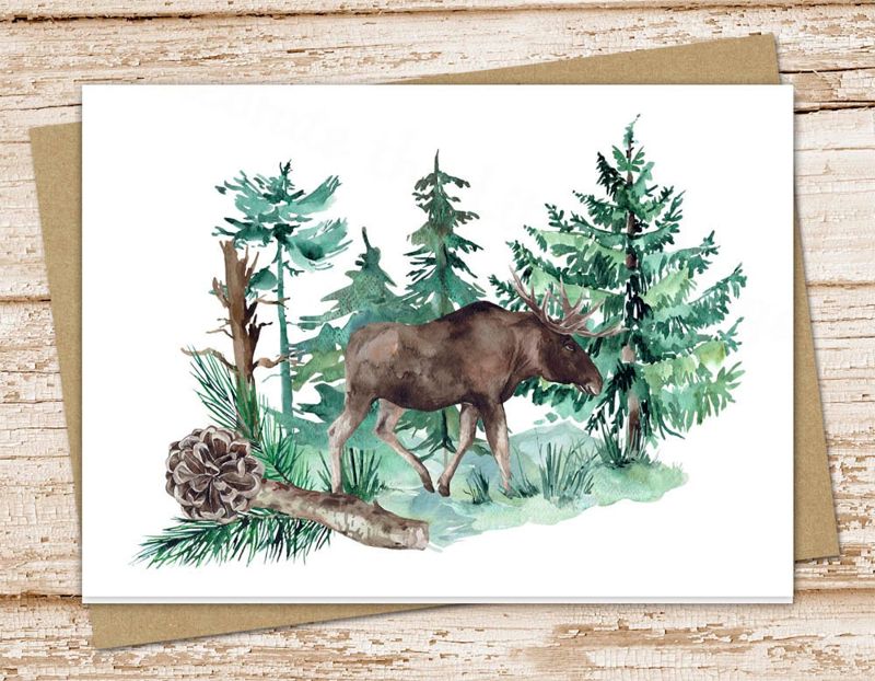 elk in the woods card set . watercolor forest, hunting . blank cards .folded stationery, stationary . outdoors, nature