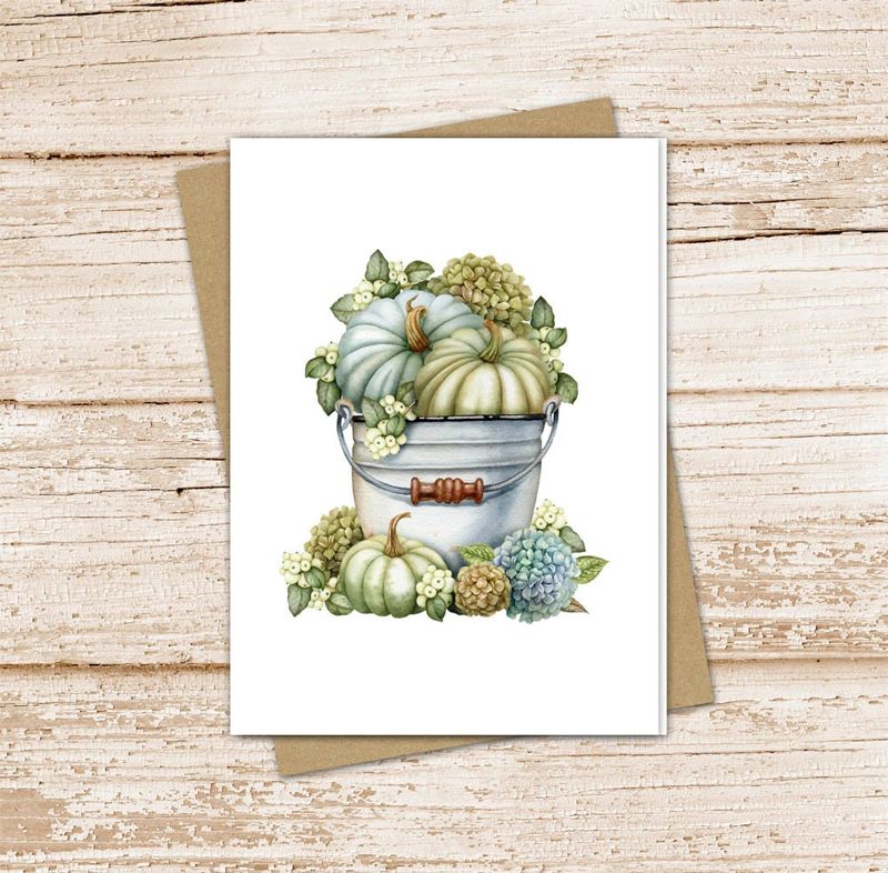 farmhouse pumpkin card set . watercolor vintage . autumn fall . note cards . hydrangea floral bucket . blank cards . folded stationery
