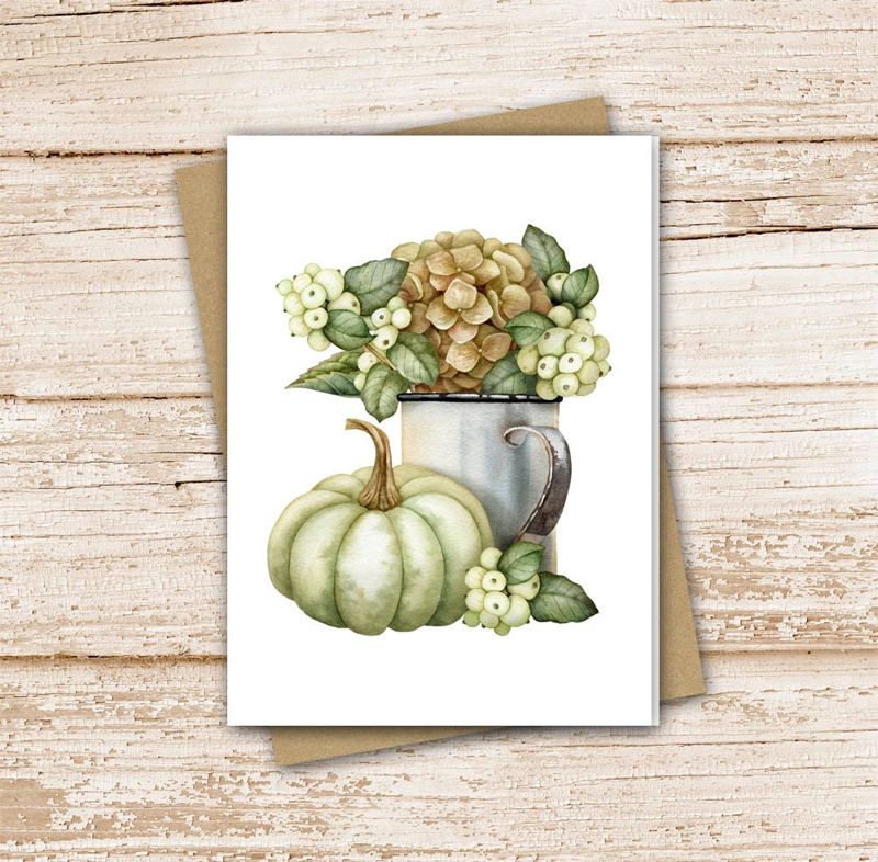 farmhouse pumpkin hydrangea card set . watercolor vintage pitcher . autumn fall . note cards . floral . blank cards . folded stationery