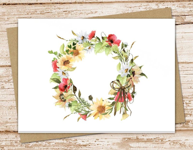 farmhouse wreath card set . watercolor country flowers . sunflowers, peony, daisy . floral . folded blank cards, note cards, stationery set