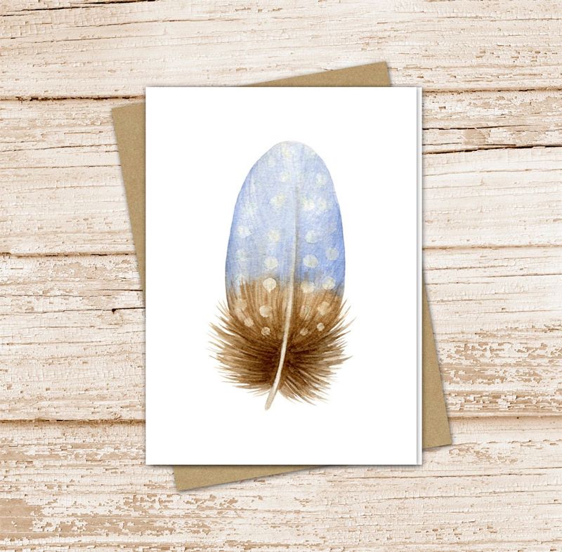 feather card set .  watercolor boho feather . autumn fall . note cards . blue brown . blank cards notecards . folded stationery, stationary