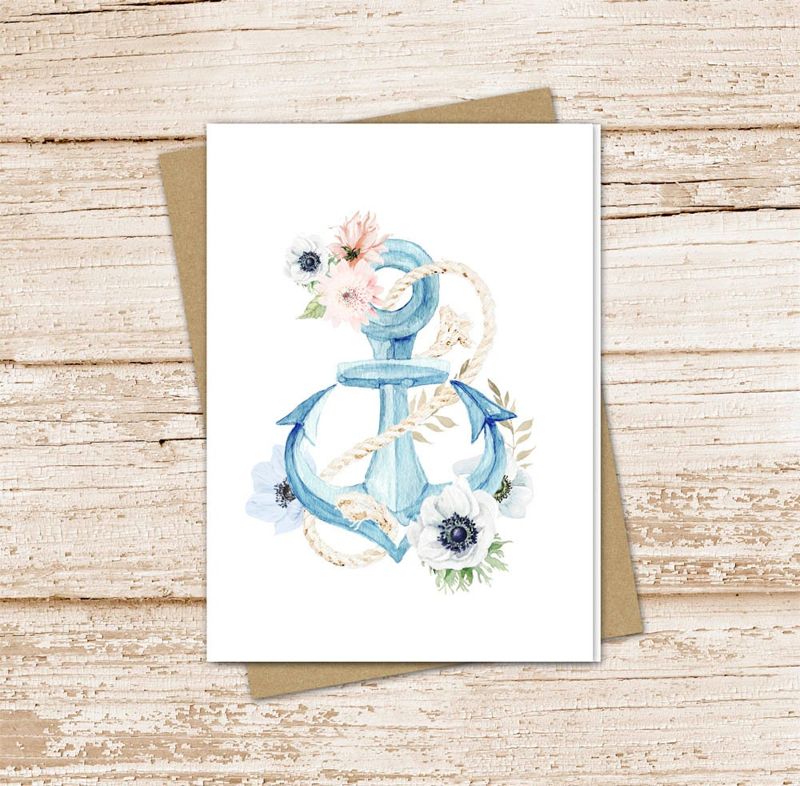 floral anchor card set . watercolor anchor flowers note cards . nautical, sailing . blank note cards . folded stationery . stationary set