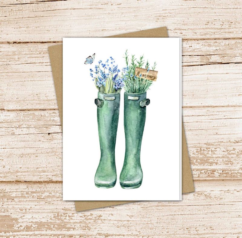 gardener card set .  watercolor floral note cards . gardening boots . herbs, butterfly blank cards . folded stationery stationary set