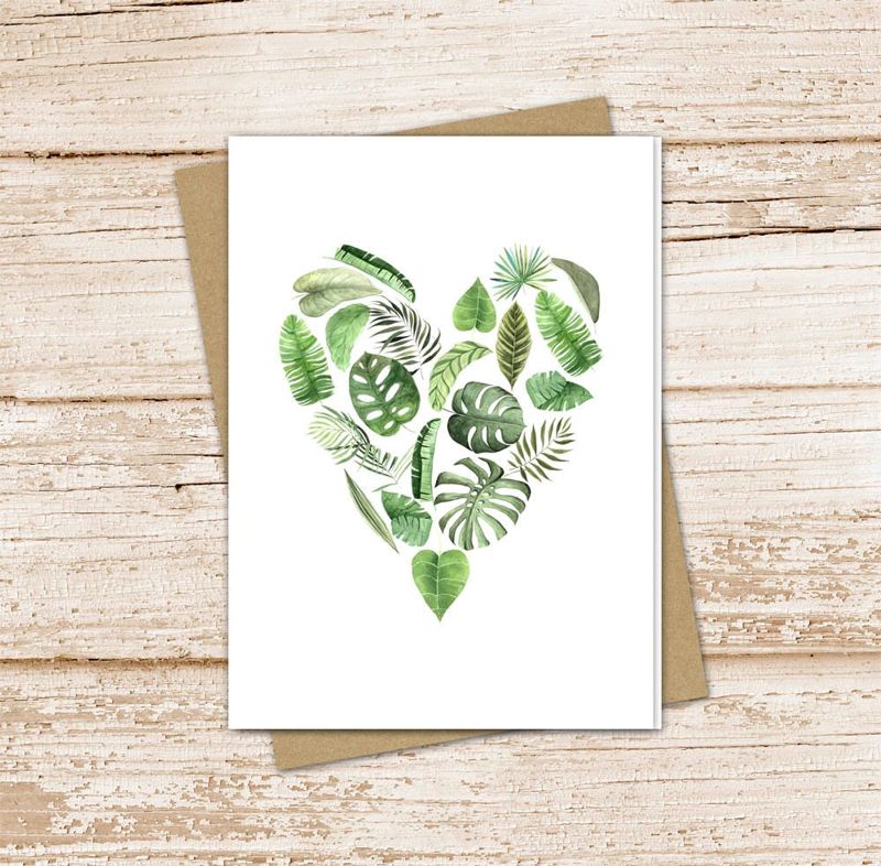 greenery heart card set .  watercolor leaf note cards . nature tropical leaves fern . blank cards notecards . folded stationery