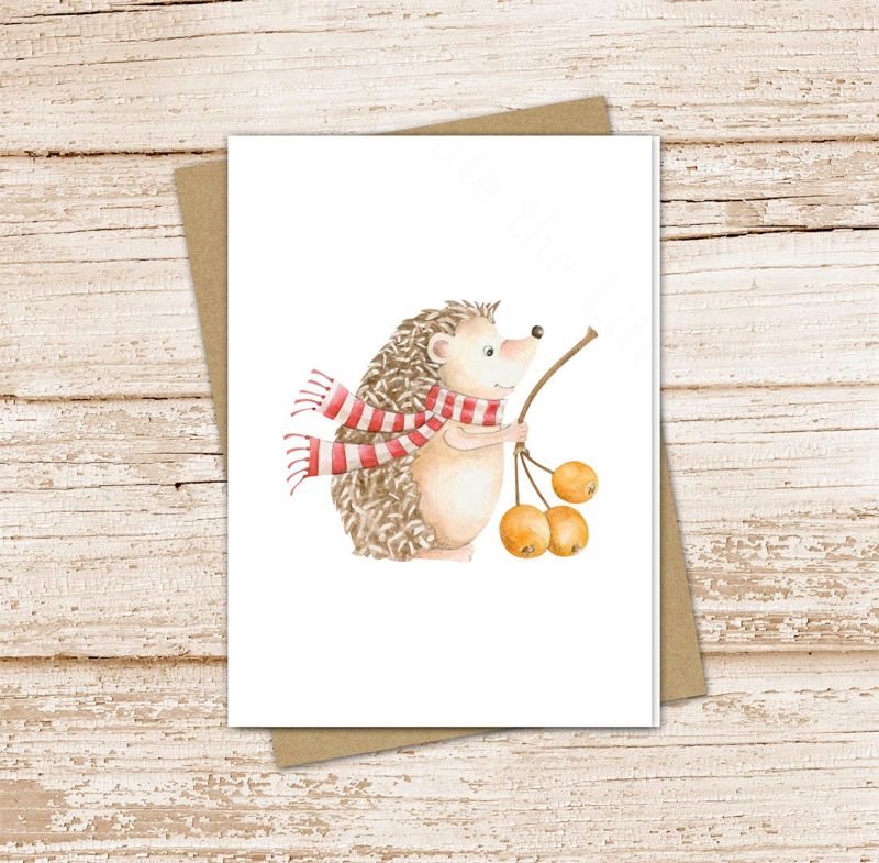 hedgehog & berries card set .  watercolor hedgehog note cards . autumn  winter . woodland blank cards notecards . folded stationery
