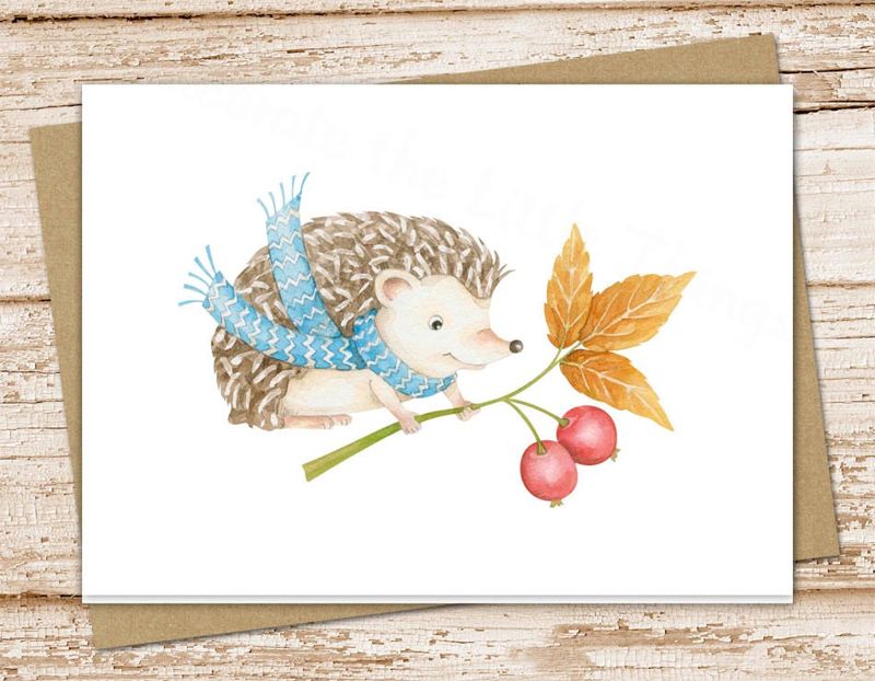 hedgehog card set . watercolor groundhog & berries cards . greeting cards . fall winter . folded stationery stationary . blank cards