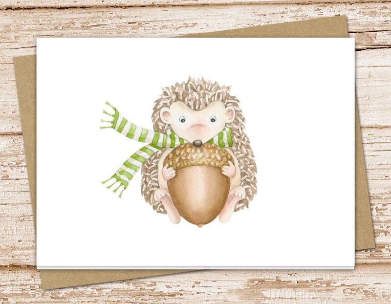 hedgehog card set . watercolor groundhog cards . greeting cards . fall winter acorn . folded stationery stationary . blank cards . thank you
