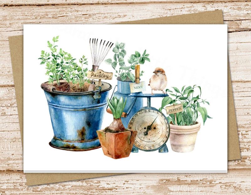 herb garden card set . watercolor stationery set . gardening . greeting cards notes . plants gardener . folded stationary . blank cards set