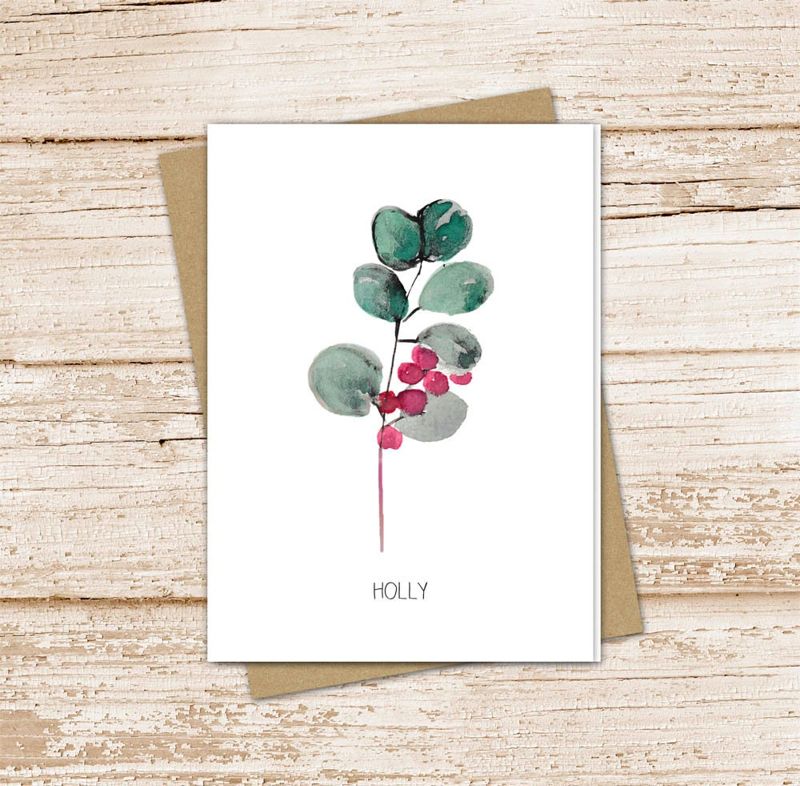 holly card set .  watercolor floral holly berries .  december birth month flower note cards . botanical . blank card, folded stationery