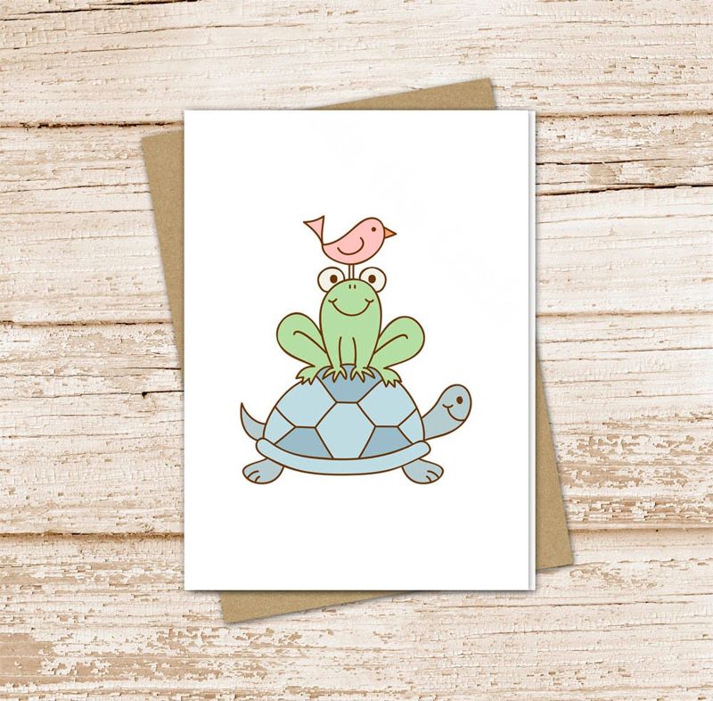 kids card set . bird frog turtle cards . cute backyard buddies . girl and boy . blank cards, note cards . folded stationery set