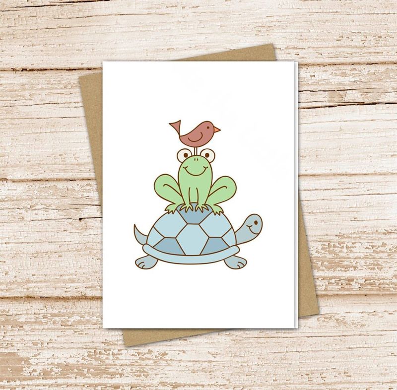 kids card set . bird frog turtle cards . cute backyard buddies . girl and boy . blank cards, note cards . folded stationery set