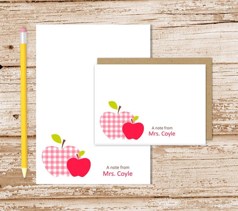 personalized APPLE stationery set . teacher notepad + note card set notecards note pad stationary set . gingham apple . teachers gift set
