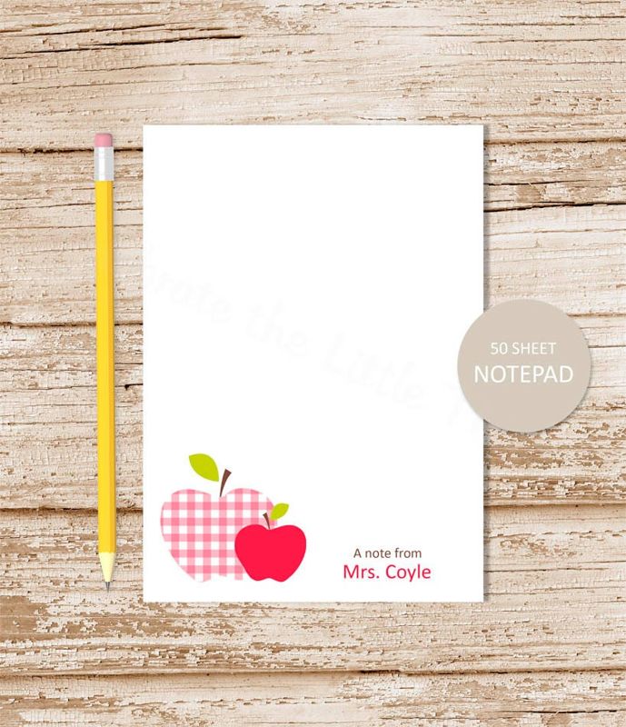 personalized APPLE stationery set . teacher notepad + note card set notecards note pad stationary set . gingham apple . teachers gift set