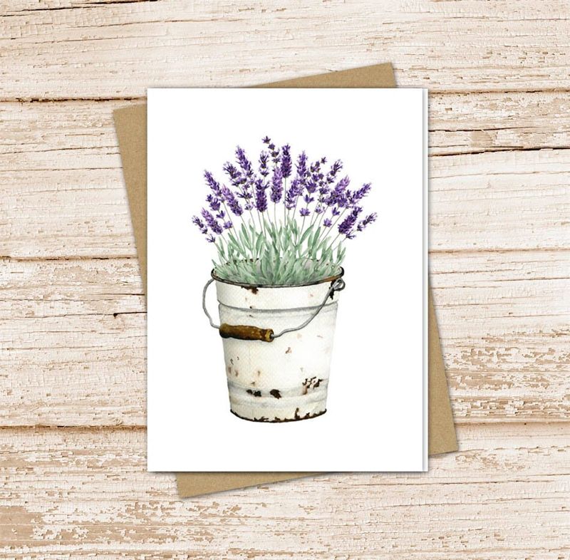 lavender card set .  watercolor vintage metal tin bucket . note cards . floral, nature, botanical . blank cards . folded stationery set