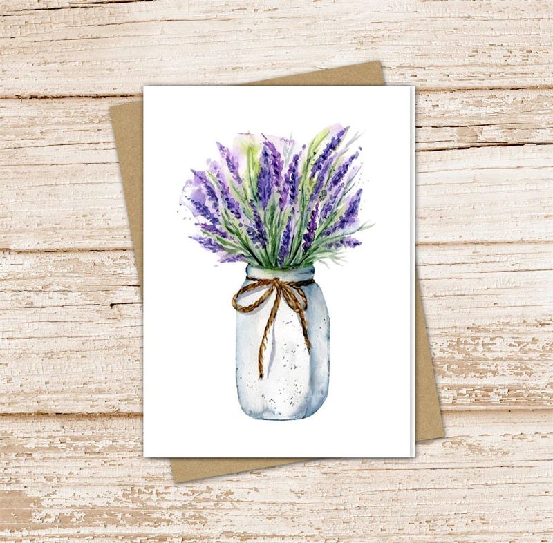 lavender flowers card set . mason jar vase . watercolor farmhouse country note cards . floral blank cards . folded stationery
