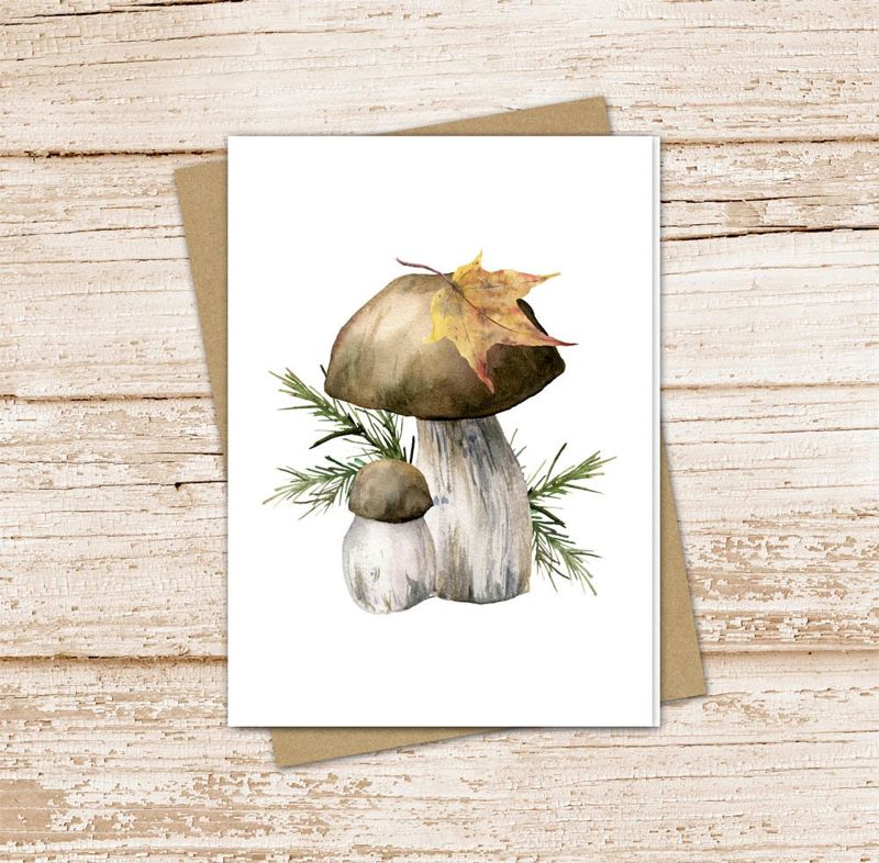 mushrooms & pine card set . watercolor toadstool pine branch leaves . autumn fall note cards . nature . blank cards stationery
