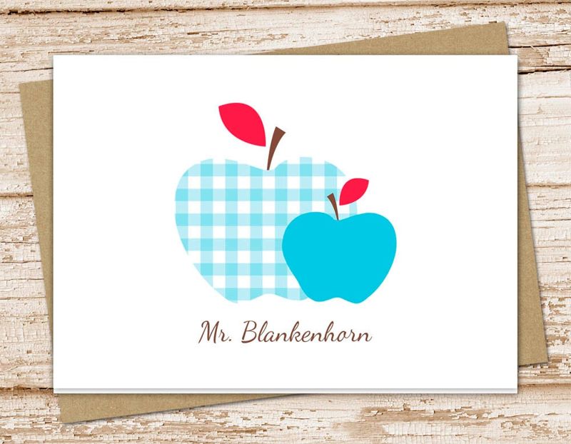 apple note cards . teacher personalized cards, notecards . gingham, plaid apple . teacher stationery gift . folded cards . set of 10