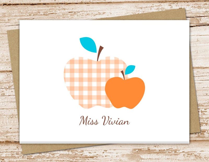 apple note cards . teacher personalized cards, notecards . gingham, plaid apple . teacher stationery gift . folded cards . set of 10