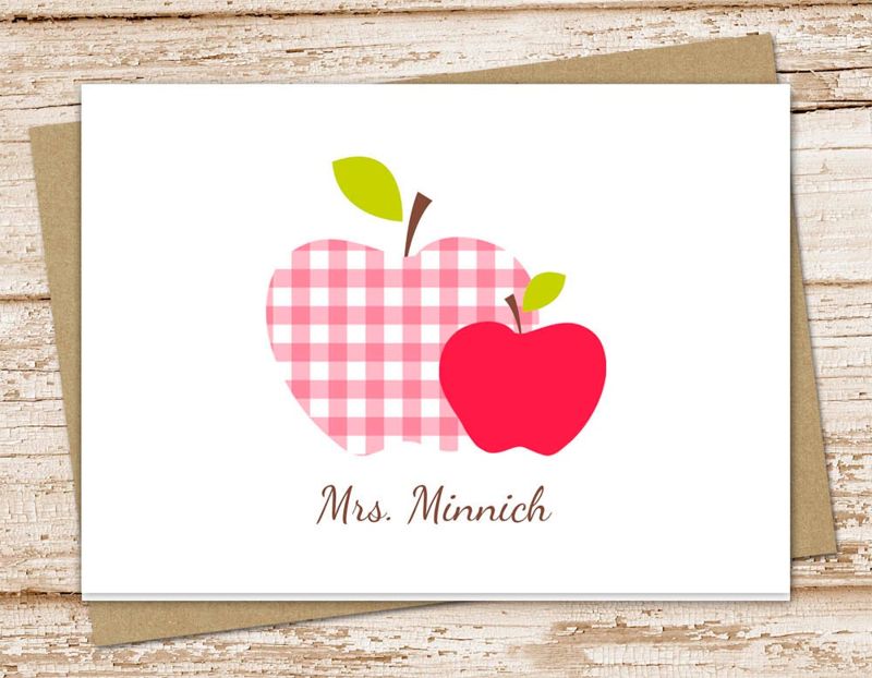apple note cards . teacher personalized cards, notecards . gingham, plaid apple . teacher stationery gift . folded cards . set of 10