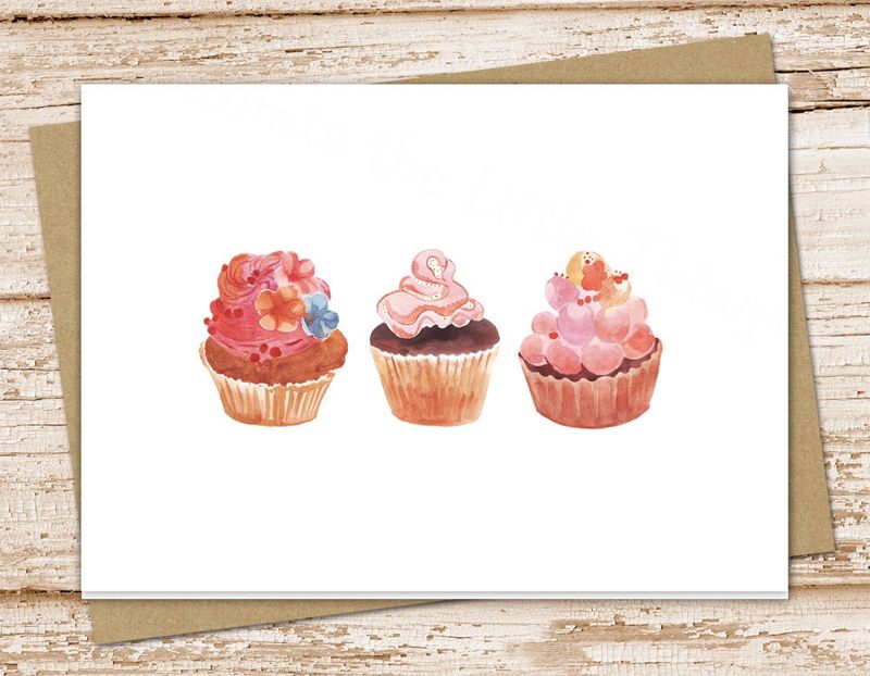pink cupcakes card set . watercolor cupcake cards . greeting cards .  birthday.  folded stationary stationery . blank cards set