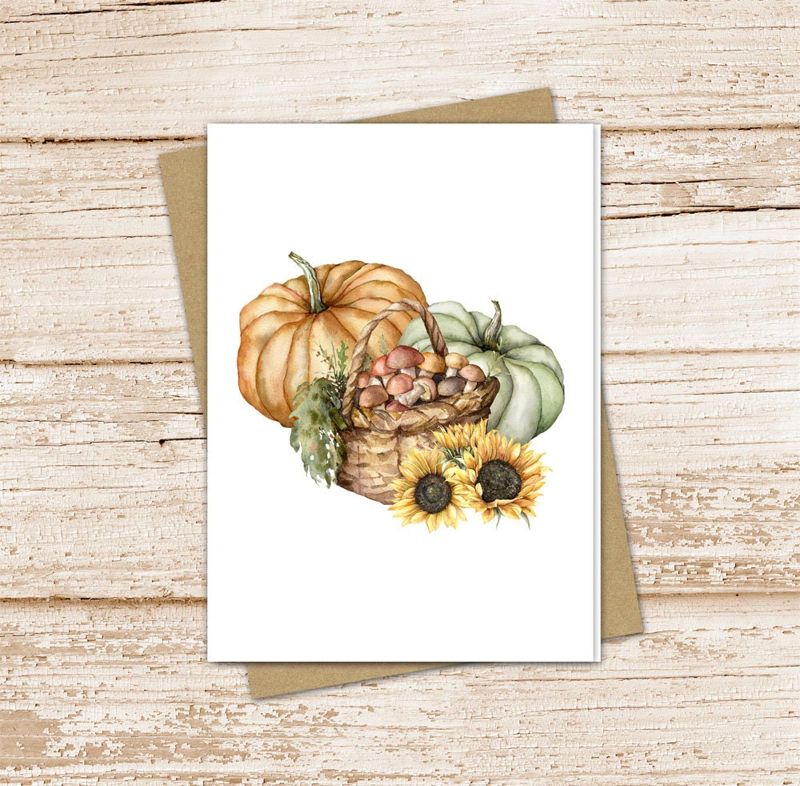 pumpkin basket card set . watercolor . autumn fall . sunflowers mushrooms toadstools . blank note cards, notecards . folded stationery