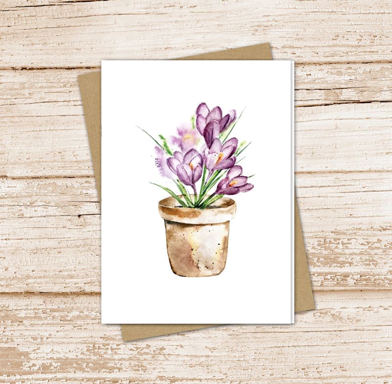 purple flowers card set . flower pot card set . watercolor crocus flowers note cards . blank cards . folded stationery