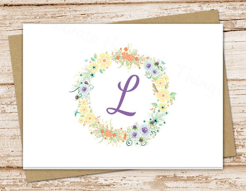 floral initial note cards . monogram notecards . flower wreath . folded personalized stationery . stationary . botanical card . set of 10