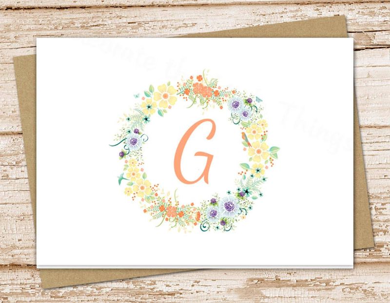 floral initial note cards . monogram notecards . flower wreath . folded personalized stationery . stationary . botanical card . set of 10