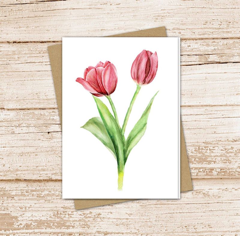 red tulip card set .  watercolor tulip note cards . spring flowers floral botanical nature garden . blank notecards . folded stationery