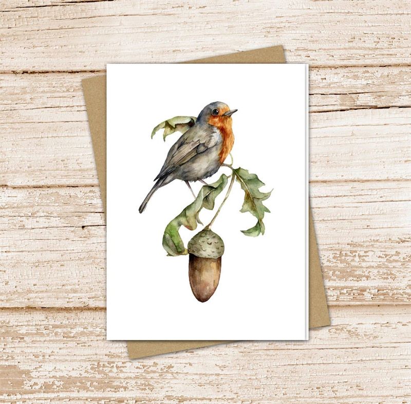 robin and acorn card set .  watercolor autumn fall note cards . bird nature . blank cards stationery