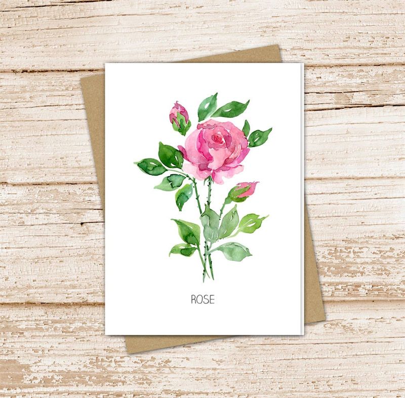 rose card set . watercolor floral pink rose . june birth month flower note cards . botanical nature garden . blank card, folded stationery