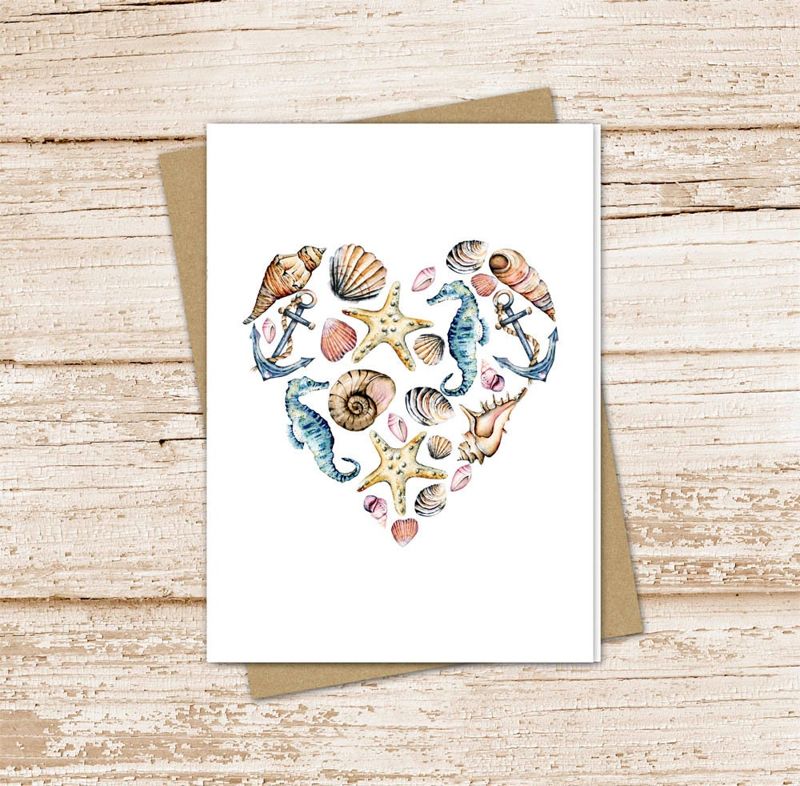 seashell heart card set .  summer love watercolor cards . beach, seahorse, anchor, . blank note cards . folded stationery stationary set