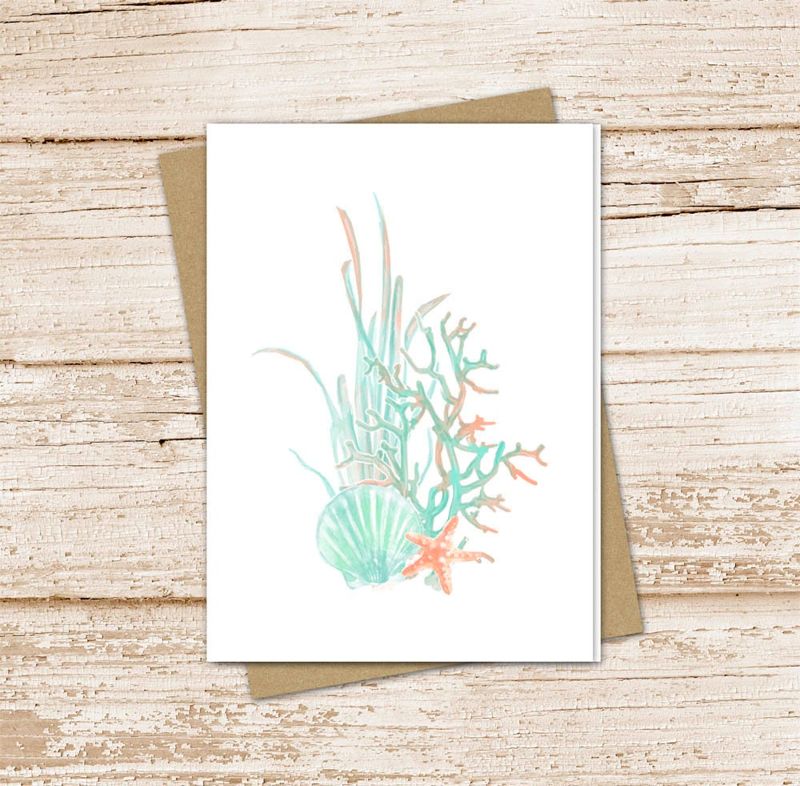 seashells & coral card set .  beach, summer, tropical . watercolor cards . blank note cards, notecards . folded stationery stationary set
