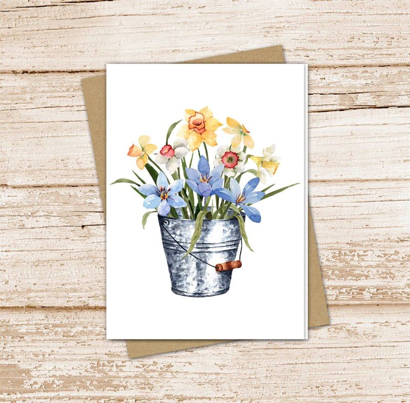 spring floral card set . watercolor flowers . daffodils . tin bucket note cards . farmhouse . blank cards notecards . folded stationery set