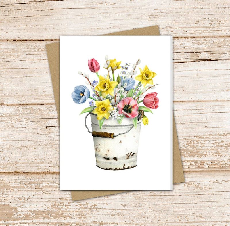 spring flowers card set .  watercolor floral mix note cards . daffodils tulips farmhouse, vintage bucket . blank cards folded stationery