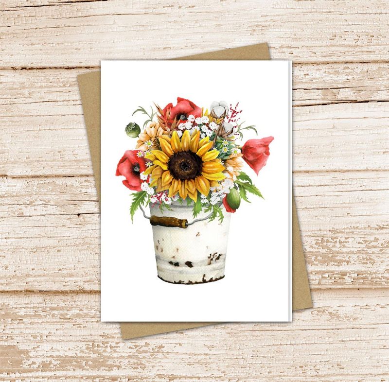 summer floral card set .  watercolor sunflower peony flower mix note cards . botanical, vintage bucket . blank cards . folded stationery