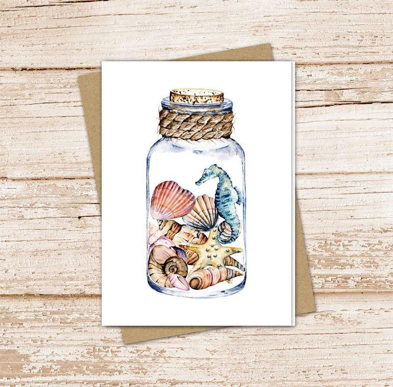 summer in a bottle card set . watercolor seashells seahorse cards . beach, . blank note cards . folded stationery stationary set