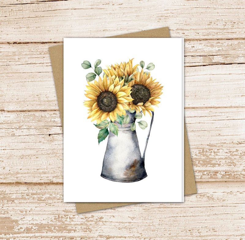 sunflower card set .  watercolor sunflowers note cards . vintage pitcher . floral flower botanical . blank cards . folded stationery