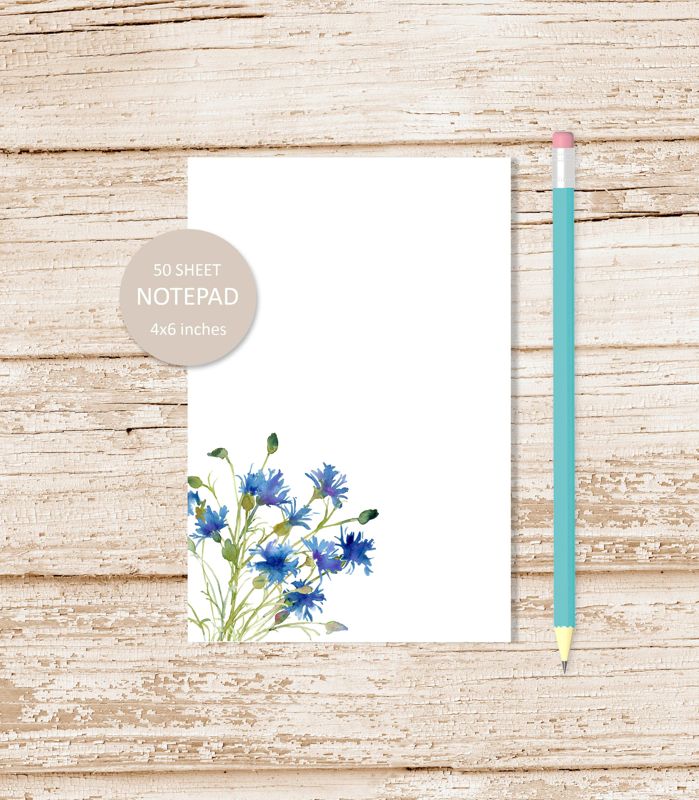 blue cornflowers notepad . watercolor flowers . farmhouse floral note pad . garden, botanical stationery stationary | 4x6 inches