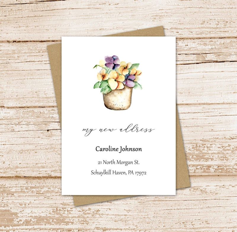 new address cards . flat cards . moving . flower pot . purple yellow pansies . change of address stationery . set of 12