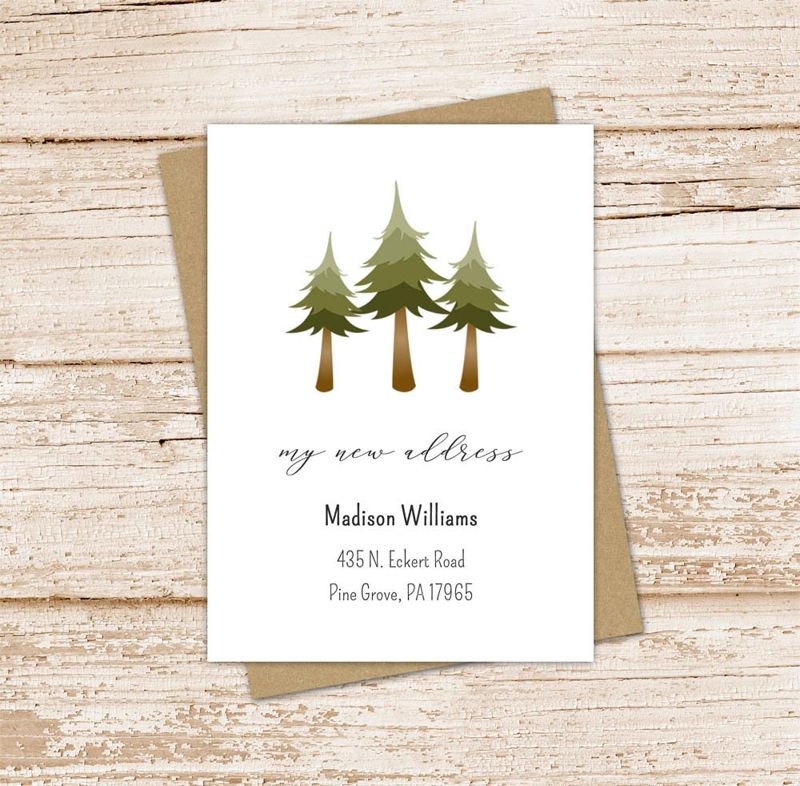 new address cards . flat cards . moving .pine trees . evergreen trees . change of address stationery . set of 12