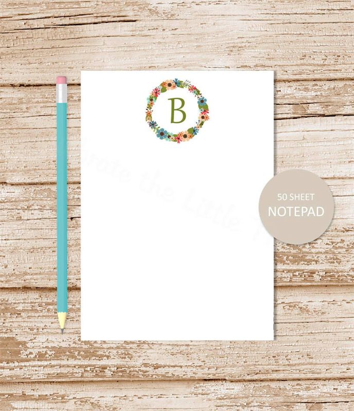 personalized notepad . FLORAL WREATH INITIAL . note pad . womens stationery . monogram flowers . stationary gift