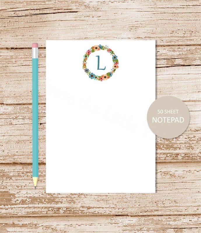 personalized notepad . FLORAL WREATH INITIAL . note pad . womens stationery . monogram flowers . stationary gift