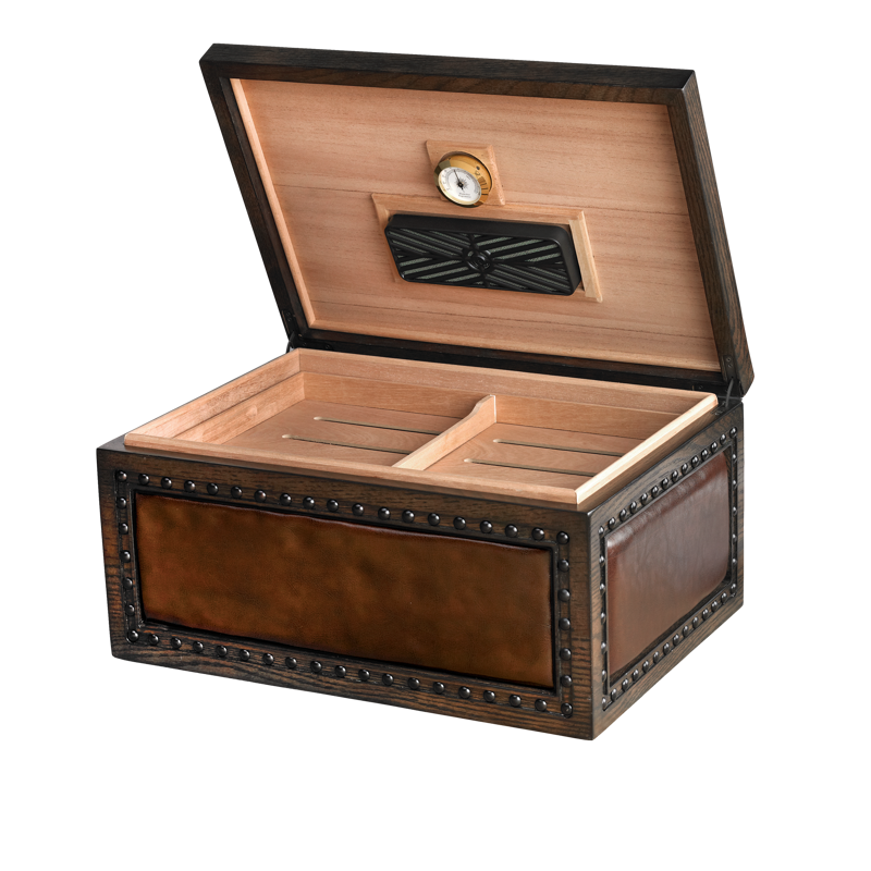 Humidor Supreme® Nottingham WOOD AND BROWN LEATHER LARGE HUMIDOR (75CT+)