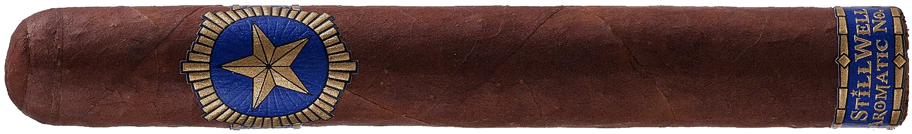 Close-up of a StillWell Star Aromatic No. 1 cigar showing a blue and gold star band and a blue band labeled 'Stillwell Aromatic No. 1'.