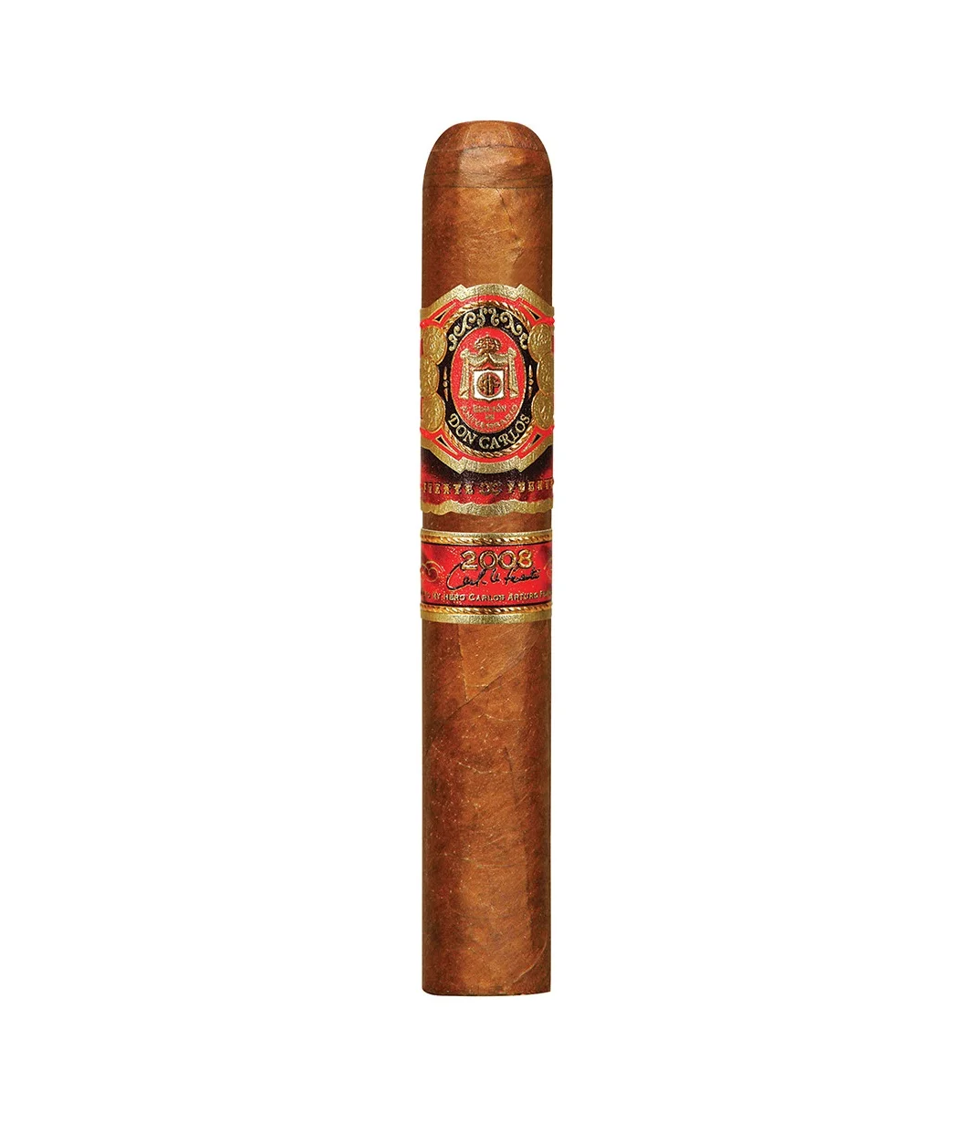 Don Carlos Edicion de Aniversario robusto cigar with ornate red and gold bands on a white background