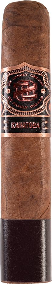 Single OZ Family Karatoba cigar upright showing copper-accent band reading 'KARATOBA' and OZ Family logo